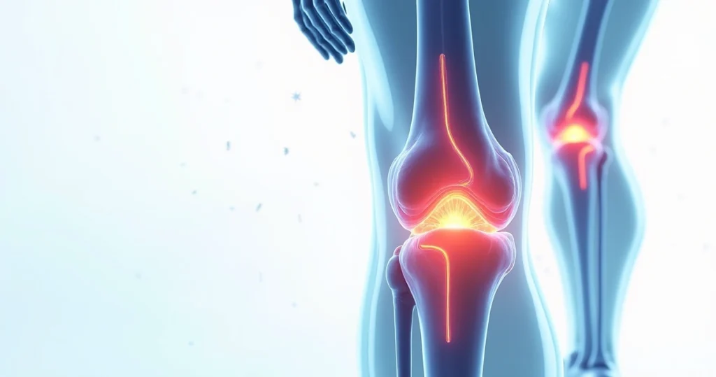 Ilustração detalhada do joelho com destaque nos nervos geniculares para bloqueio