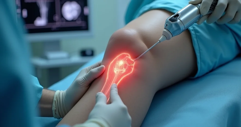 Equipamento médico moderno aplicado no joelho de paciente durante procedimento de bloqueio dos nervos geniculares