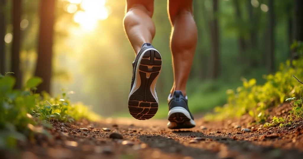 Pessoa correndo em trilha usando calçado esportivo moderno com sola acolchoada