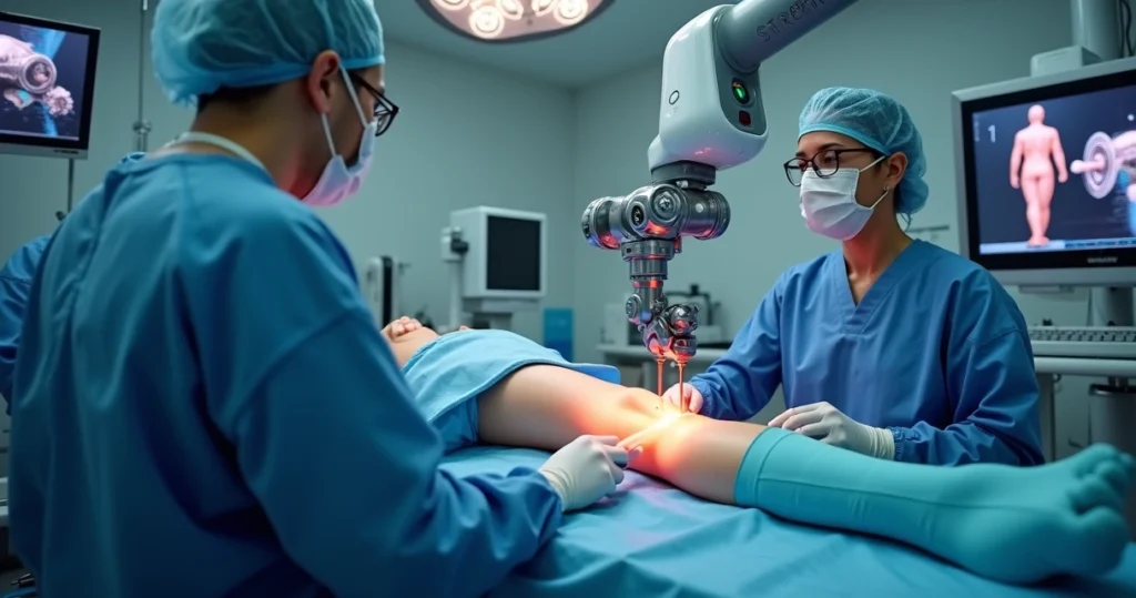 Cirurgia robótica Mako SmartRobotics sendo realizada em joelho com técnica minimamente invasiva em ambiente moderno