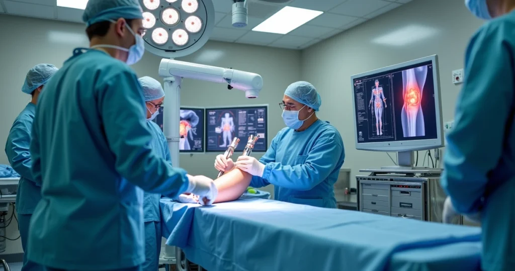 Cirurgia robótica no joelho sendo realizada com equipamento avançado em sala hospitalar moderna