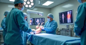 Cirurgia robótica no joelho sendo realizada com equipamento avançado em sala hospitalar moderna