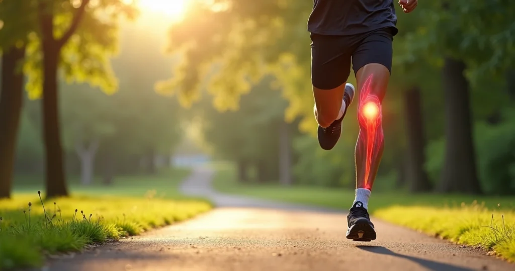 Corredor com joelhos visíveis, mostrando músculos fortalecidos e postura correta na corrida em ambiente ao ar livre