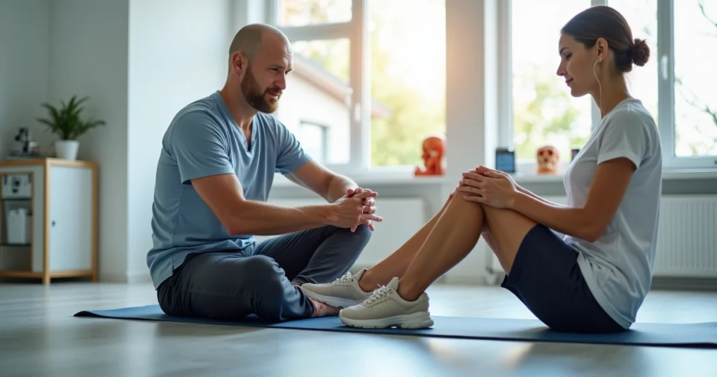Paciente realizando exercícios de fisioterapia para o joelho em clínica moderna