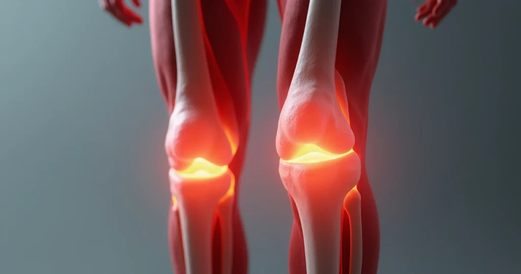 Detalhe realista e ultra-detalhado da anatomia do joelho humano com músculos, ligamentos e articulações visíveis