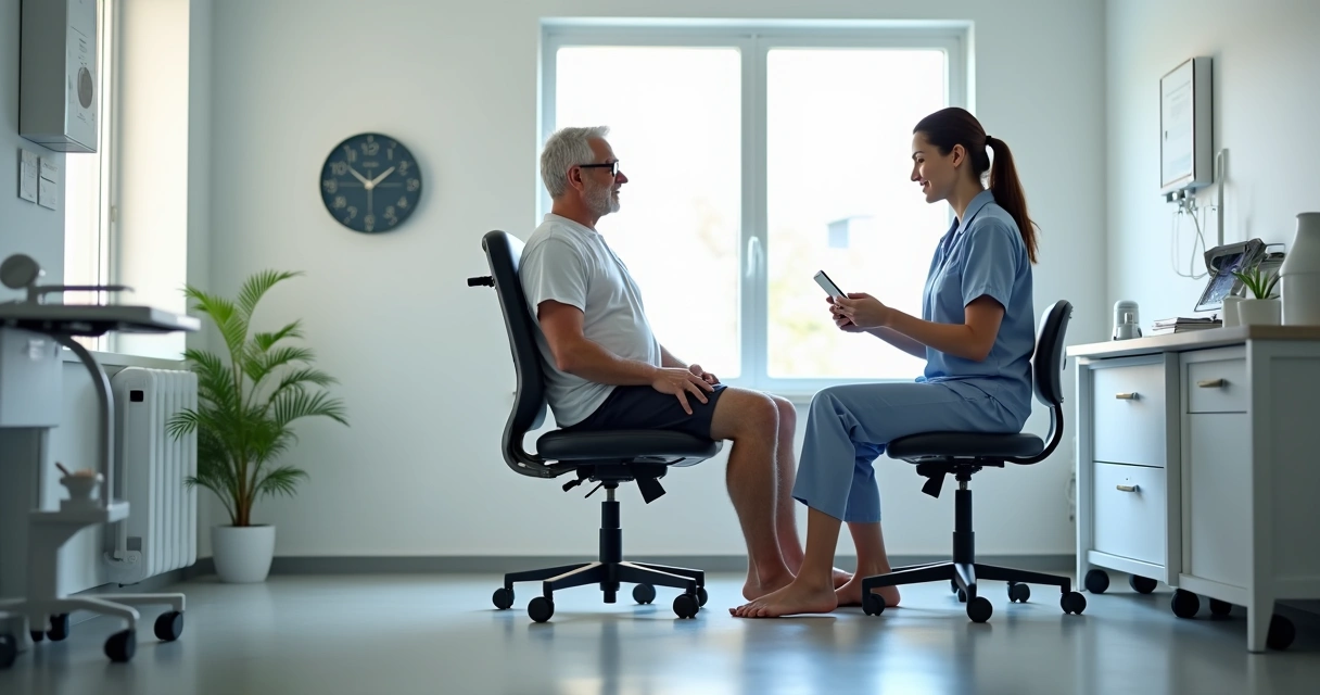 Paciente fazendo fisioterapia para recuperação após artroplastia de joelho em ambiente clínico com equipamento moderno