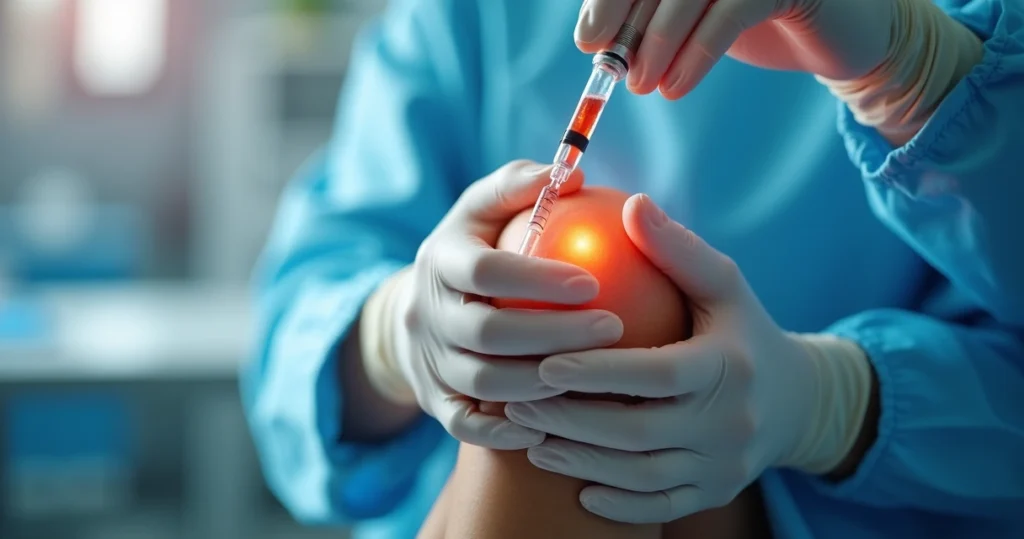 Close-up de médico segurando seringa com células mesenquimais para tratamento no joelho